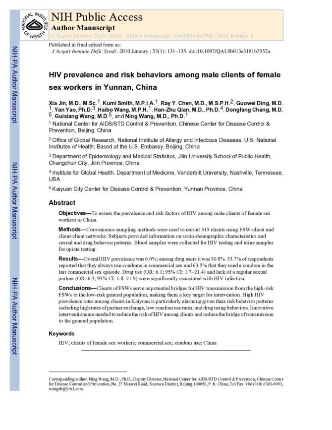 HIV Prevalence and Risk Behaviors among Male Clients of Female Sex Workers in Yunnan, China
