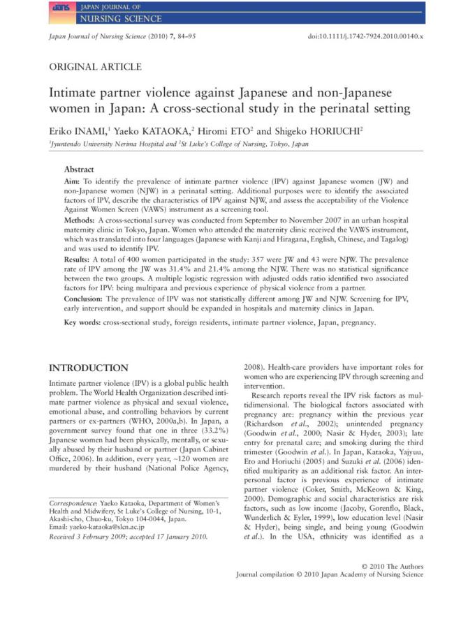 Intimate Partner Violence Against Japanese and non-Japanese Women in Japan: A cross-sectional study in the perinatal setting