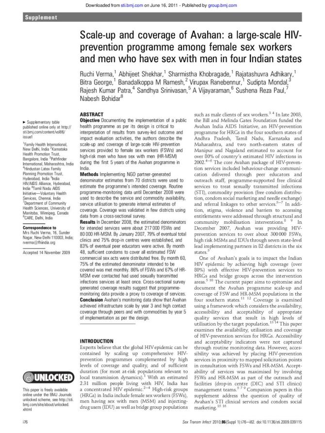 Scale-up and Coverage of Avahan: A Large-scale HIV Prevention programme among Female Sex Workers and Men who have Sex with Men in Four Indian States