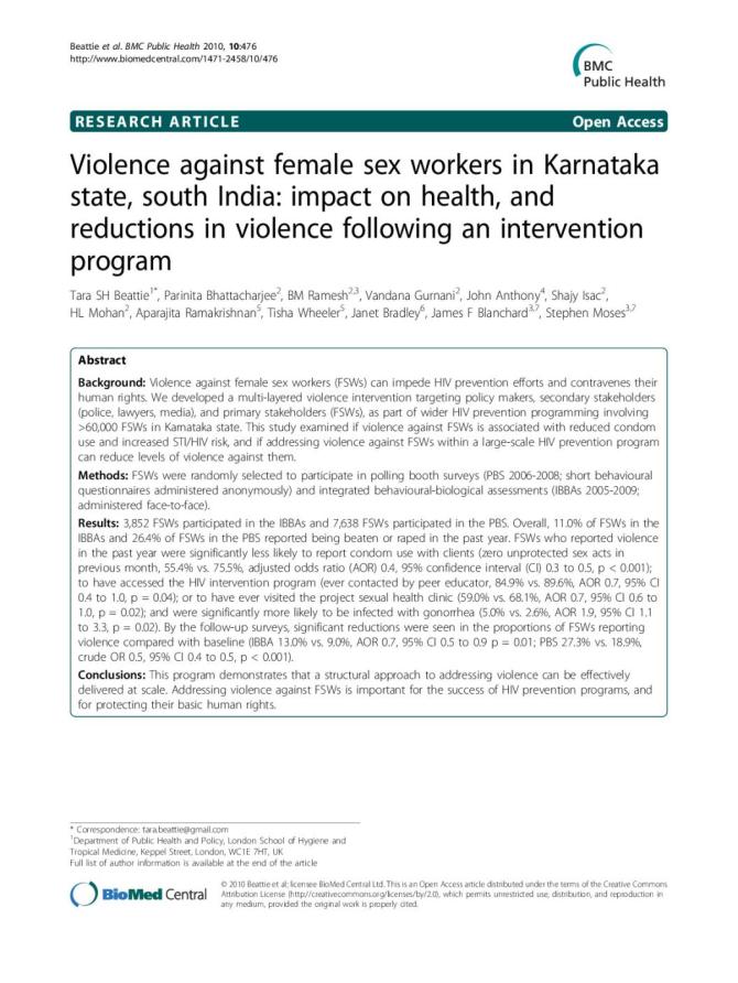 Violence against Female Sex Workers in Karnataka State, South India: Impact on Health, and Reductions in Violence Following an Intervention Program