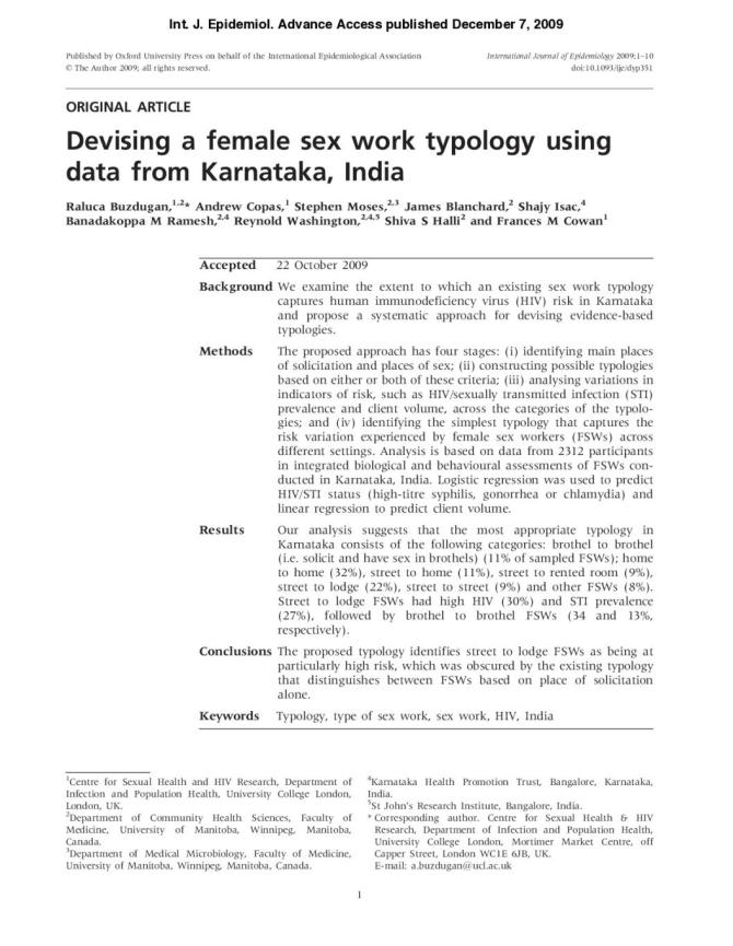 Devising a Female Sex Work Typology Using Data from Karnataka, India