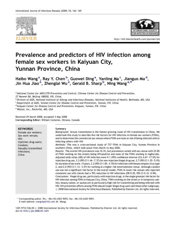 Prevalence and Predictors of HIV Infection among Female Sex Workers in Kaiyuan City, Yunnan Province, China
