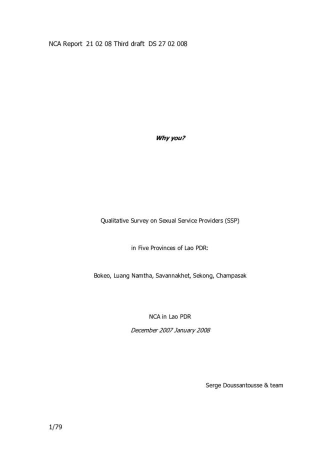 Why you? Qualitative Survey on Sexual Service Providers (SSP) in Five Provinces of Lao PDR: Bokeo, Luang Namtha, Savannakhet, Sekong, Champasak