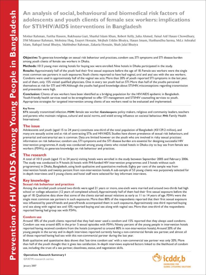 An Analysis of Social, Behavioural and Biomedical Risk Factors of Adolescents and Youth Clients of Female Sex Workers: Implications for STI/HIV/AIDS Interventions in Bangladesh