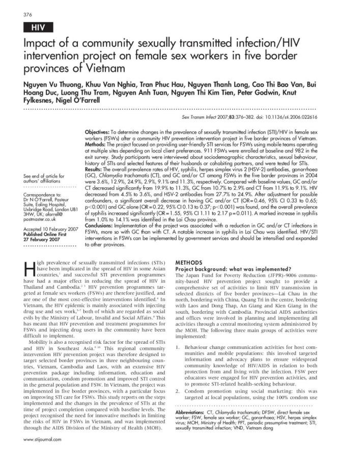 Impact of a Community Sexually Transmitted Infection/HIV Intervention Project on Female Sex Workers in Five Border Provinces of Vietnam