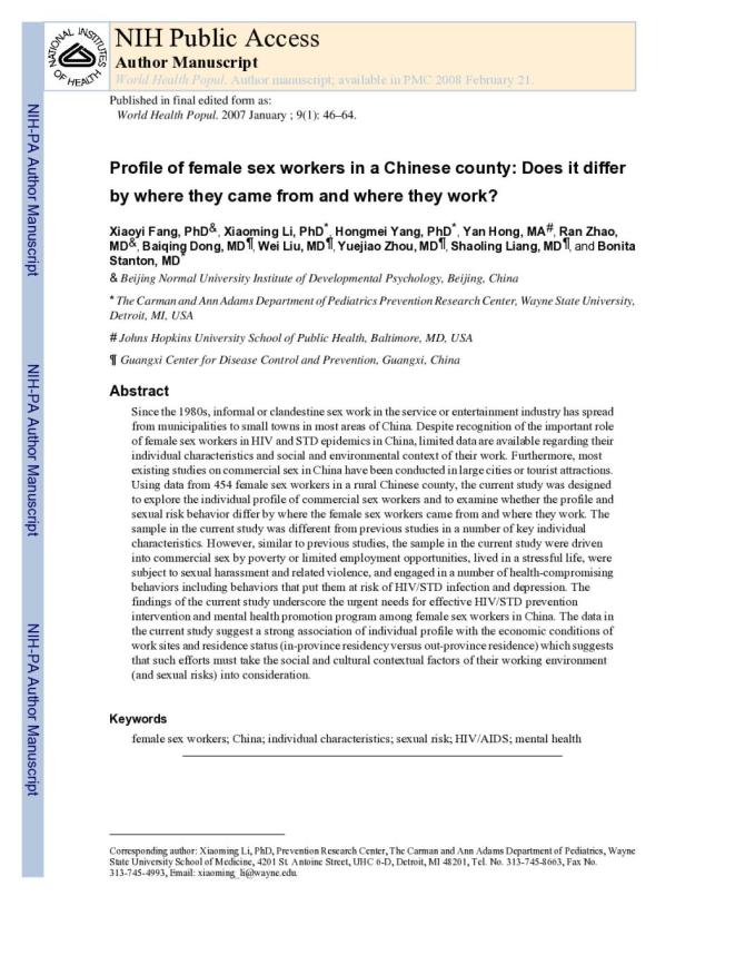 Profile of Female Sex Workers in a Chinese County: Does it differ by where they came from and where they work?