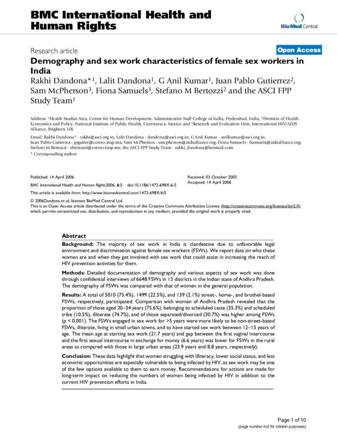 Demography and Sex Work Characteristics of Female Sex Workers in India