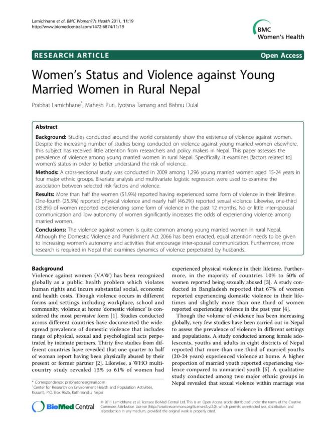 Women’s Status and Violence against Young Married Women in Rural Nepal