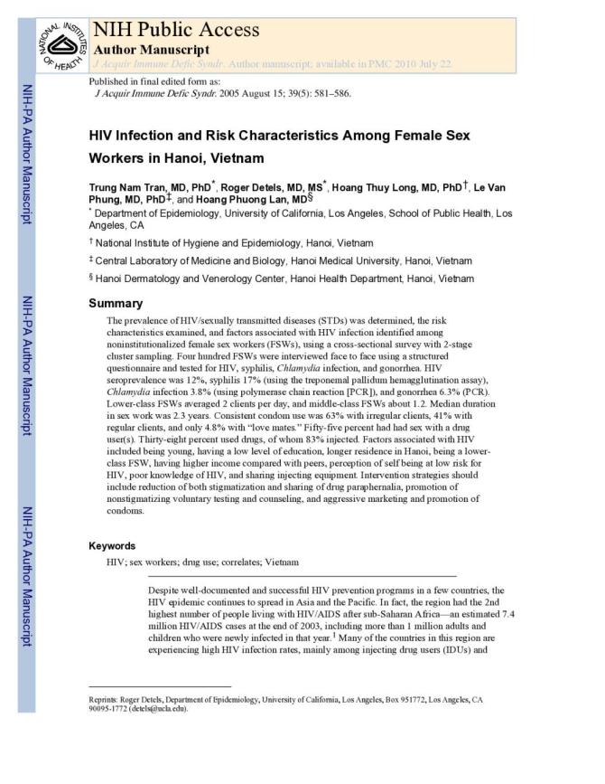 HIV Infection and Risk Characteristics among Female Sex Workers in Hanoi, Vietnam