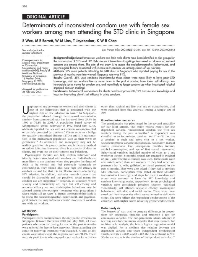 Determinants of Inconsistent Condom Use with Female Sex Workers among Men Attending the STD Clinic in Singapore