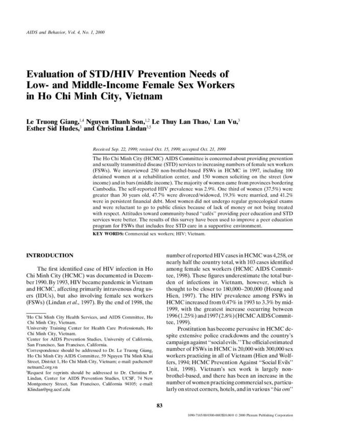 Evaluation of STD/HIV Prevention Needs of Low- and Middle-Income Female Sex Workers in Ho Chi Minh City, Vietnam