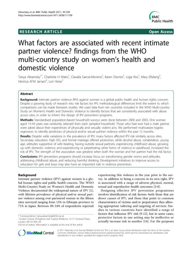 What Factors are Associated with Recent Intimate Partner Violence? Findings from the WHO Multi-Country Study on Women's Health and Domestic Violence
