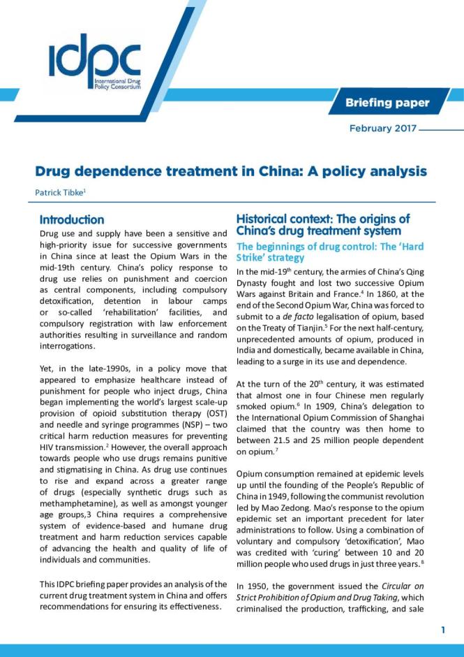Briefing Paper: Drug Dependence Treatment in China - A Policy Analysis
