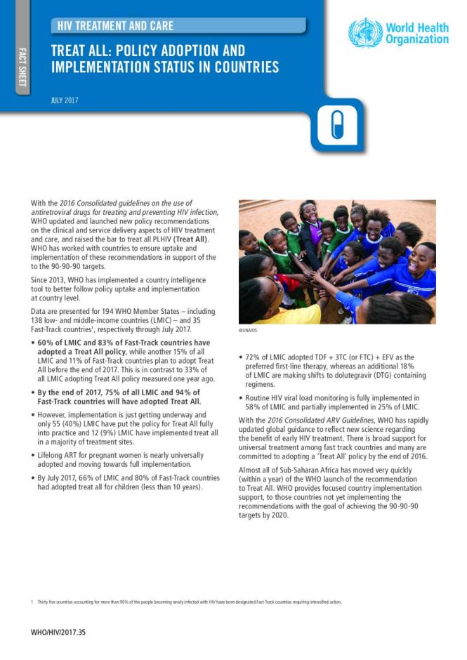 WHO Fact Sheet: Treat All - Policy Adoption and Implementation Status in Countries (July 2017)