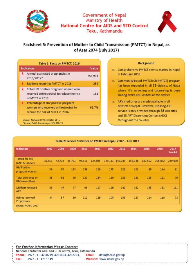 Fact Sheet 5: Prevention of Mother to Child Transmission (PMTCT) in Nepal, as of Asar 2074 (July 2017)
