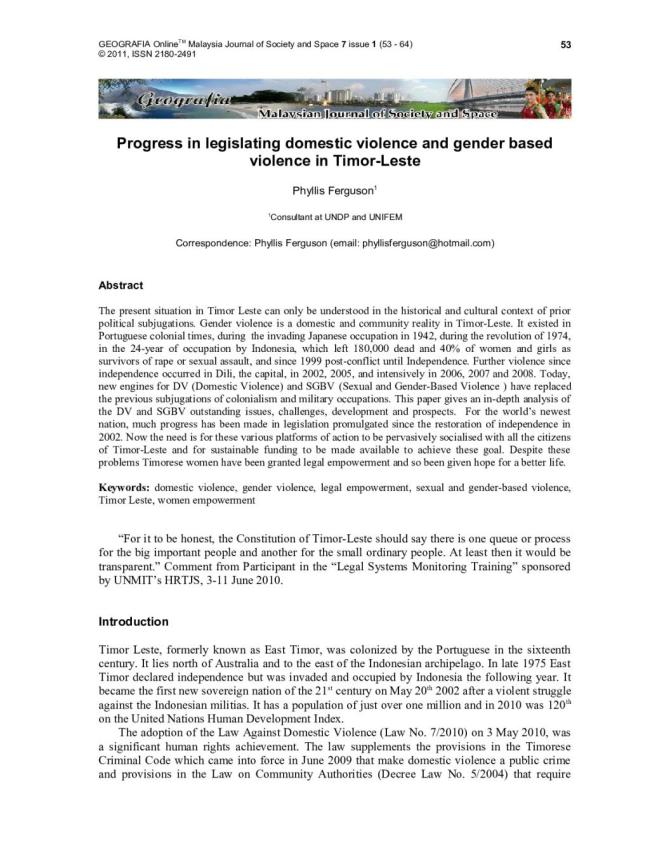 Progress in Legislating Domestic Violence and Gender Based Violence in Timor-Leste