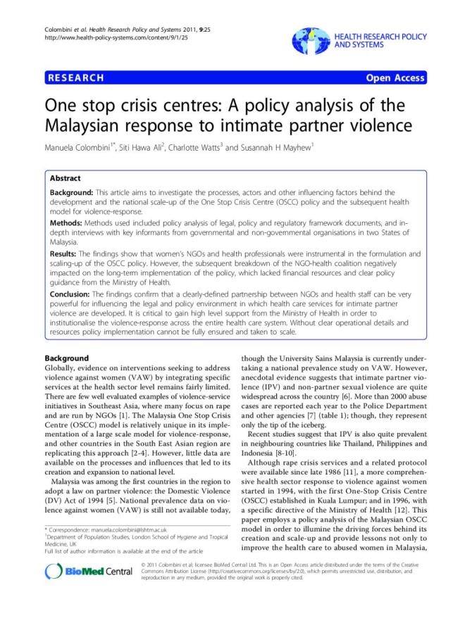 One Stop Crisis Centres: A Policy Analysis of the Malaysian Response to Intimate Partner Violence