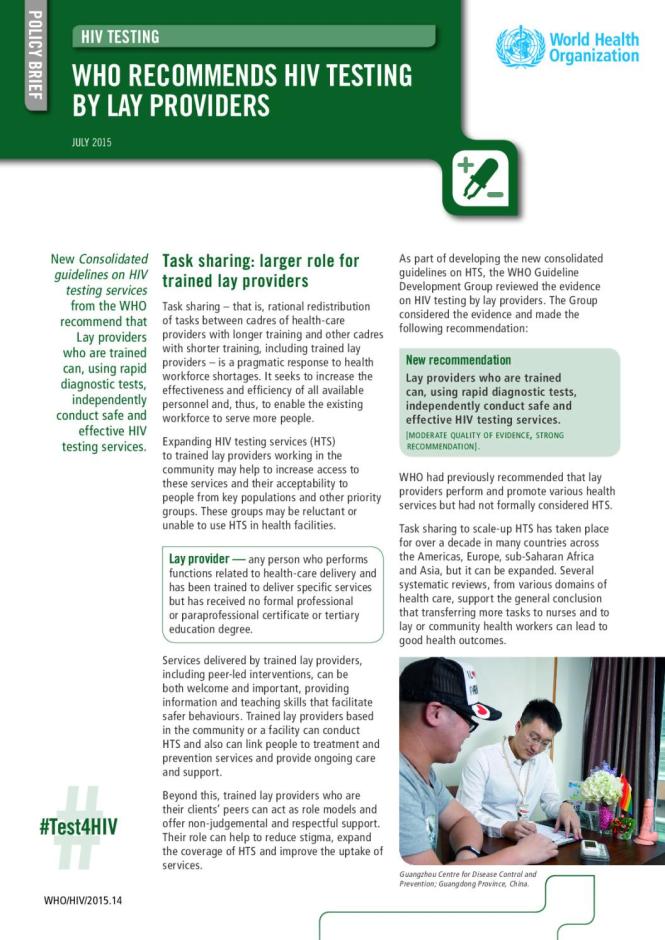 WHO Recommends HIV Testing by Lay Providers - Policy Brief