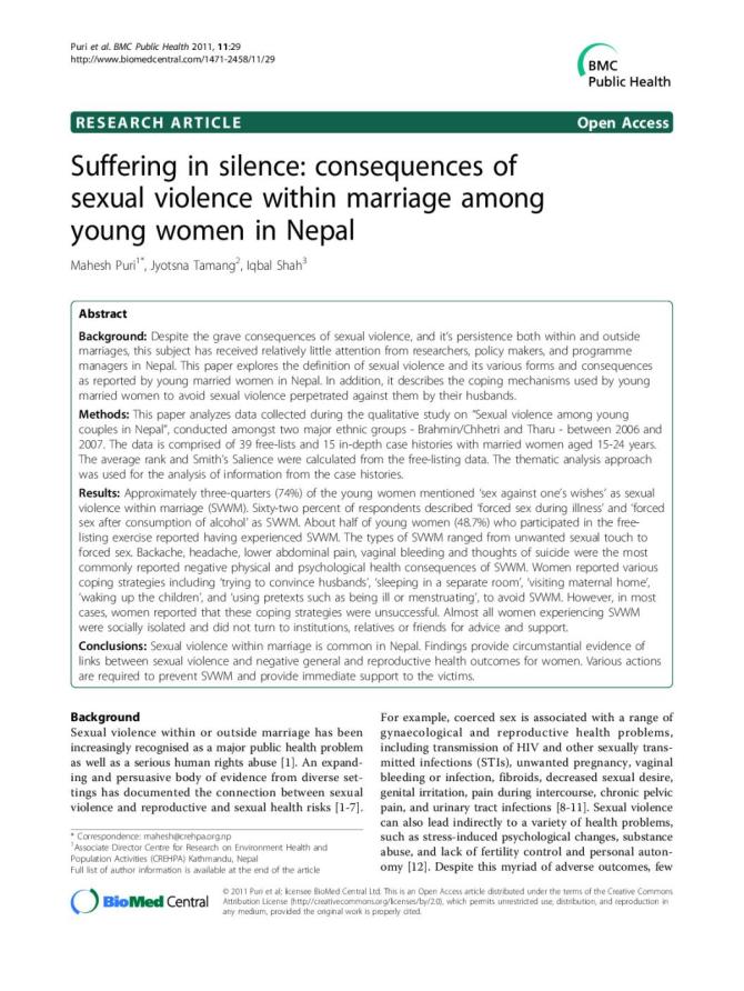 Suffering in Silence: Consequences of Sexual Violence within Marriage Among Young Women in Nepal