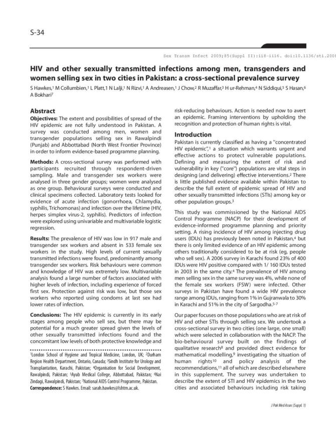 HIV and Other Sexually Transmitted Infections among Men, Transgenders and Women Selling Sex in Two Cities in Pakistan: A Cross-sectional Prevalence Survey
