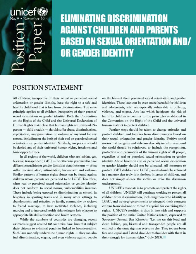 Position Paper: Eliminating Discrimination against Children and Parents Based on Sexual Orientation and/or Gender Identity