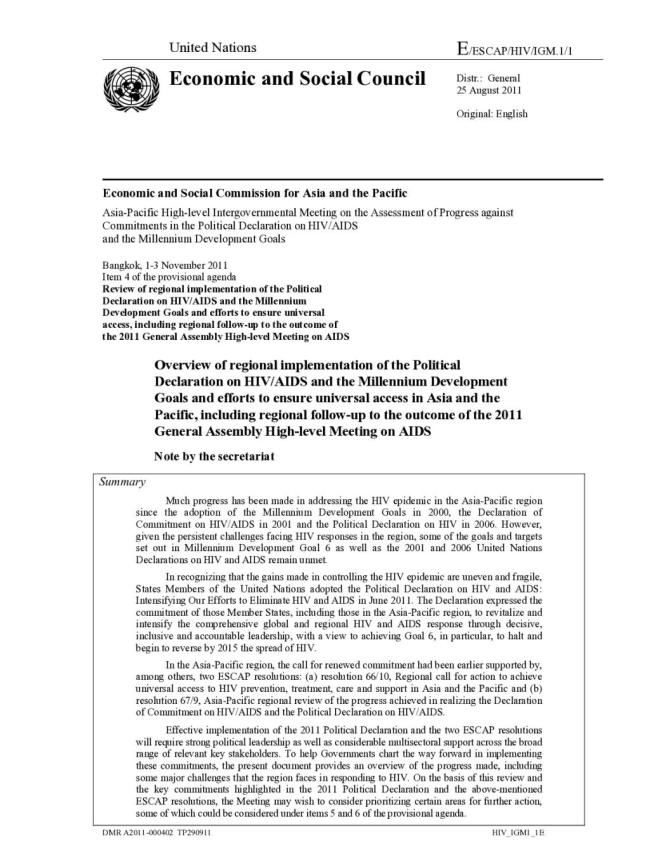 Overview of Regional Implementation of the Political Declaration on HIV/AIDS and the Millennium Development Goals and Efforts to Ensure Universal Access in Asia and the Pacific