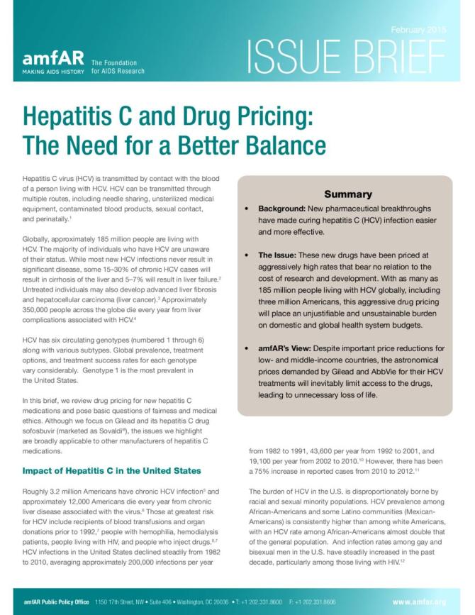 amfAR Issue Brief: Hepatitis C and Drug Pricing - The Need for a Better Balance