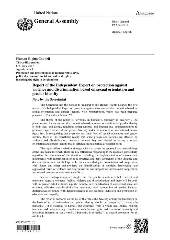 Report of the Independent Expert on Protection against Violence and Discrimination Based on Sexual Orientation and Gender Identity