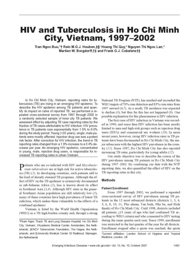 HIV and Tuberculosis in Ho Chi Minh City, Vietnam, 1997–2002