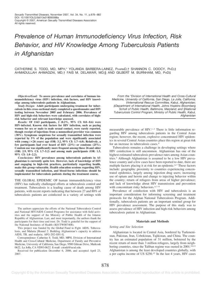 Prevalence of Human Immunodeficiency Virus Infection, Risk Behavior, and HIV Knowledge among Tuberculosis Patients in Afghanistan