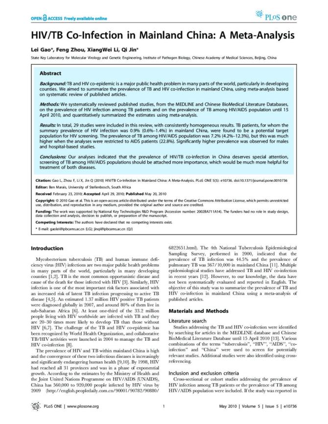 HIV/TB Co-Infection in Mainland China: A Meta-Analysis