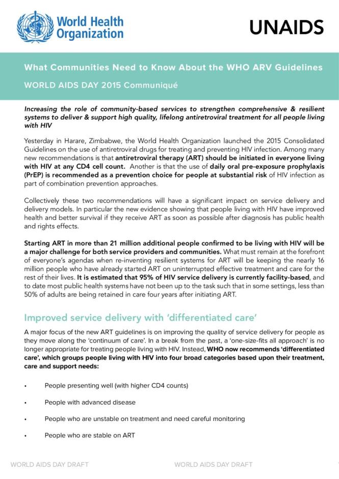 What Communities Need to Know About the WHO ARV Guidelines: WORLD AIDS DAY 2015 Communiqué