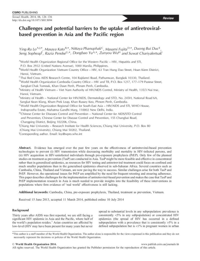 Challenges and Potential Barriers to the Uptake of Antiretroviral-based Prevention in Asia and the Pacific Region