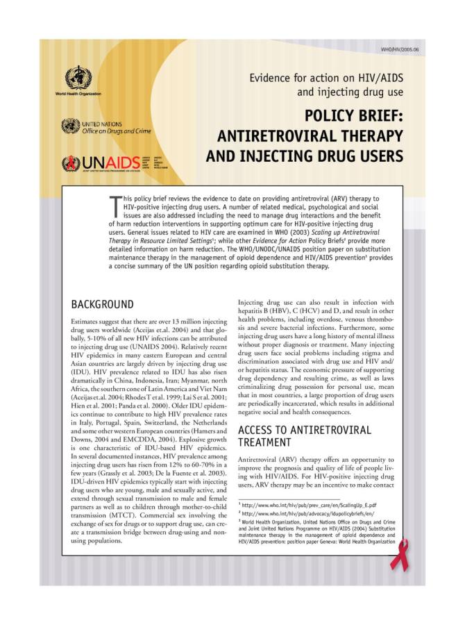Policy Brief: Antiretroviral Therapy and Injecting Drug Users