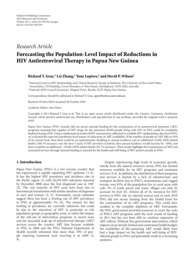 Forecasting the Population-Level Impact of Reductions in HIV Antiretroviral Therapy in Papua New Guinea