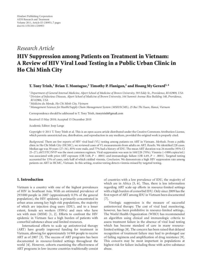 HIV Suppression among Patients on Treatment in Vietnam: A Review of HIV Viral Load Testing in a Public Urban Clinic in HoChi Minh City