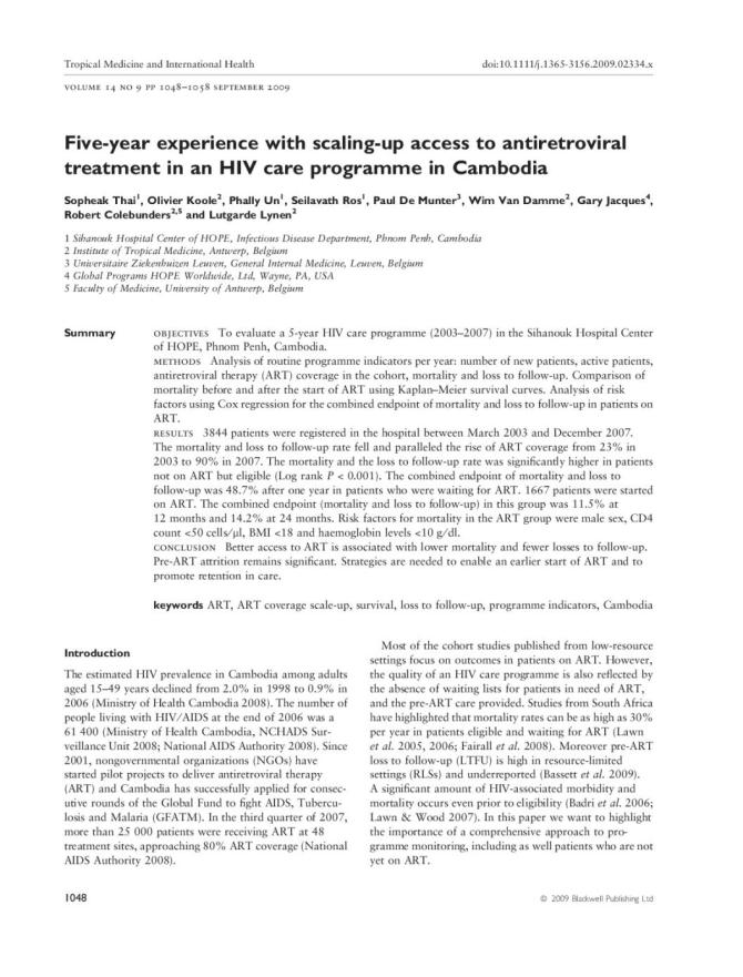 Five-Year Experience with Scaling-Up Access to Antiretroviral Treatment in an HIV Care Programme in Cambodia