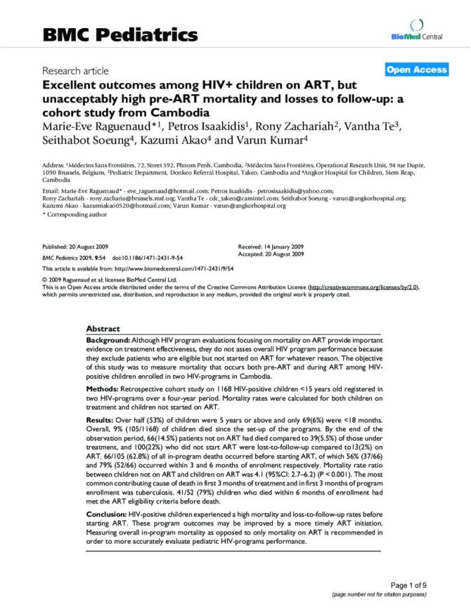 Excellent Outcomes among HIV+ Children on ART, but Unacceptably High Pre-ART Mortality