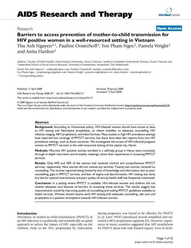 Barriers to Access Prevention of Mother-to-Child Transmission for HIV Positive Women in a Well-Resourced Setting in Vietnam