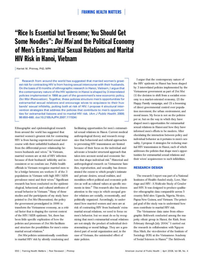 Rice is Essential but Tiresome; You Should Get Some Noodles: Doi Moi and the Political Economy of Men’s Extramarital Sexual Relations and Marital HIV Risk in Hanoi, Vietnam