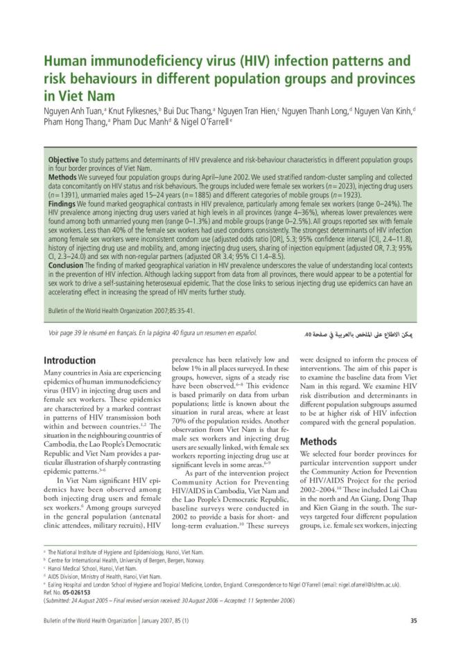 Human Immunodeficiency Virus (HIV) Infection Patterns and Risk Behaviors in Different Population Groups and Provinces in Viet Nam