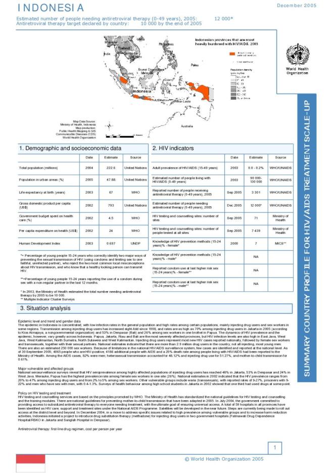 Indonesia: Summary Country Profile for HIV/AIDS Treatment Scale up