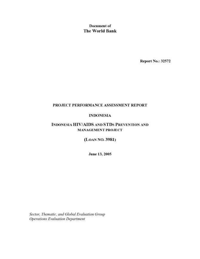 Project Performance Assessment Report Indonesia: Indonesia HIV/AIDS and STDs Prevention and Management Project