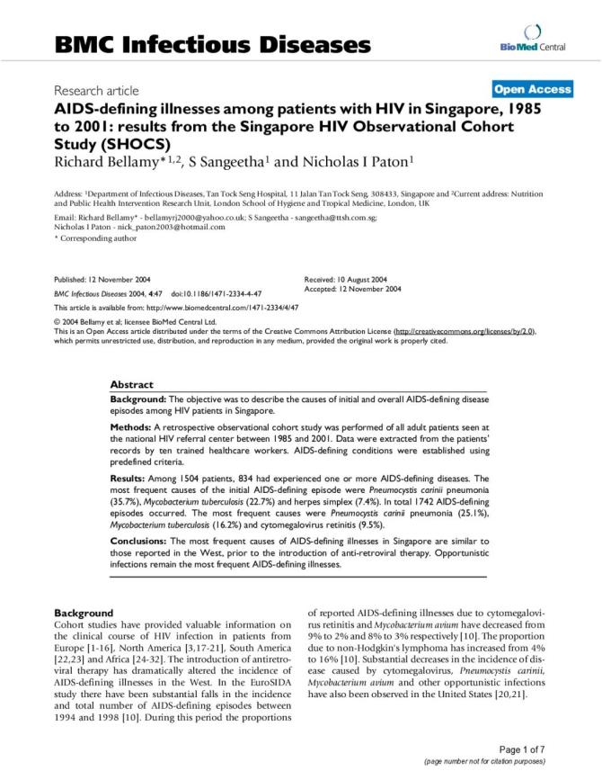 AIDS-defining Illnesses among Patients with HIV in Singapore, 1985 to 2001: Results from the Singapore HIV Observational Cohort Study (SHOCS)