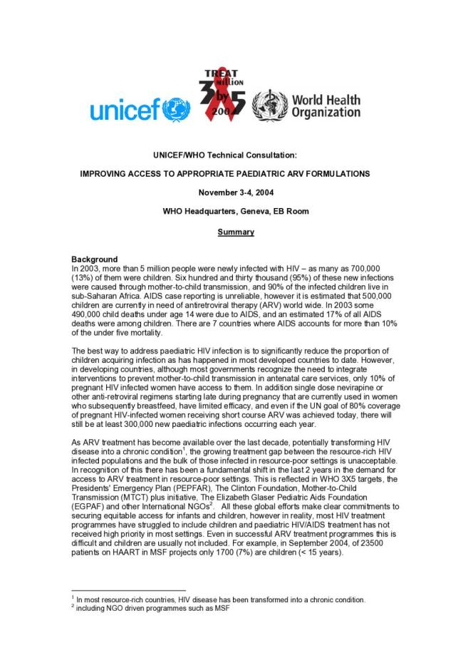 UNICEF/WHO Technical Consultation: Improving Access to Appropriate Paediatric ARV Formulations