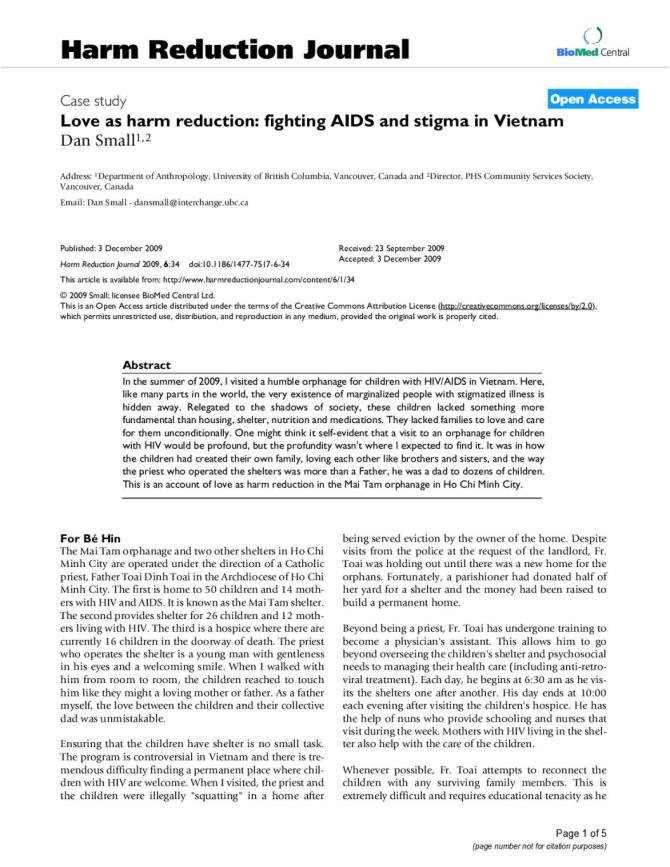 Love as Harm Reduction: Fighting AIDS and Stigma in Vietnam