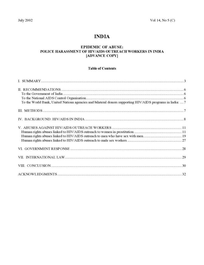 Epidemic of Abuse: Police Harassment of HIV/AIDS Outreach Workers in India