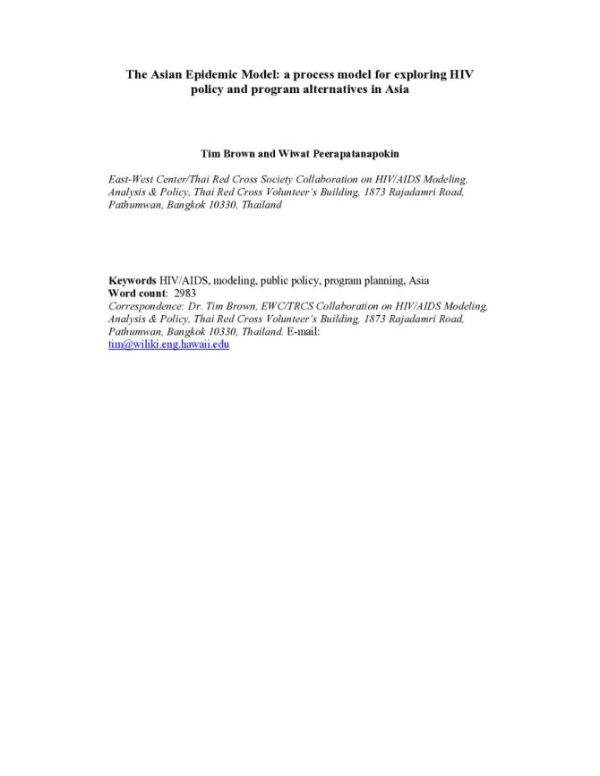 The Asian Epidemic Model: A Process Model for Exploring HIV Policy and Program Alternatives in Asia