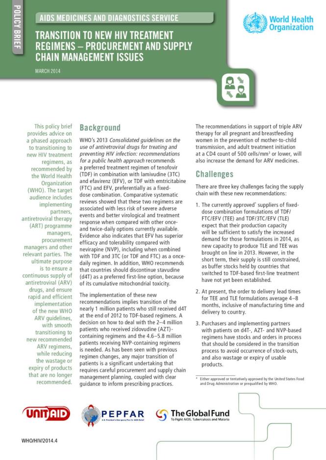 Policy Brief: Transition to New HIV Treatment Regimens - Procurement and Supply Chain Management Issues