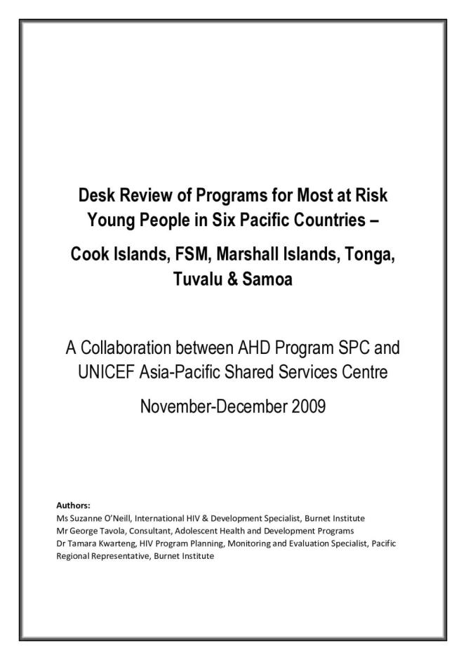 Desk Review of Programs for Most at Risk Young People in Six Pacific Countries: Cook Islands, FSM, Marshall Islands, Tonga, Tuvalu & Samoa